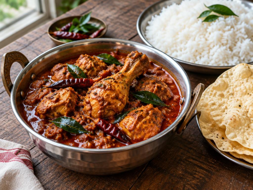 Andhra chicken curry with steamed rice and papad